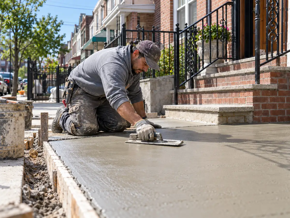 Contractor troweling fresh concrete flatwork beside the stoop of a brick residential building.
