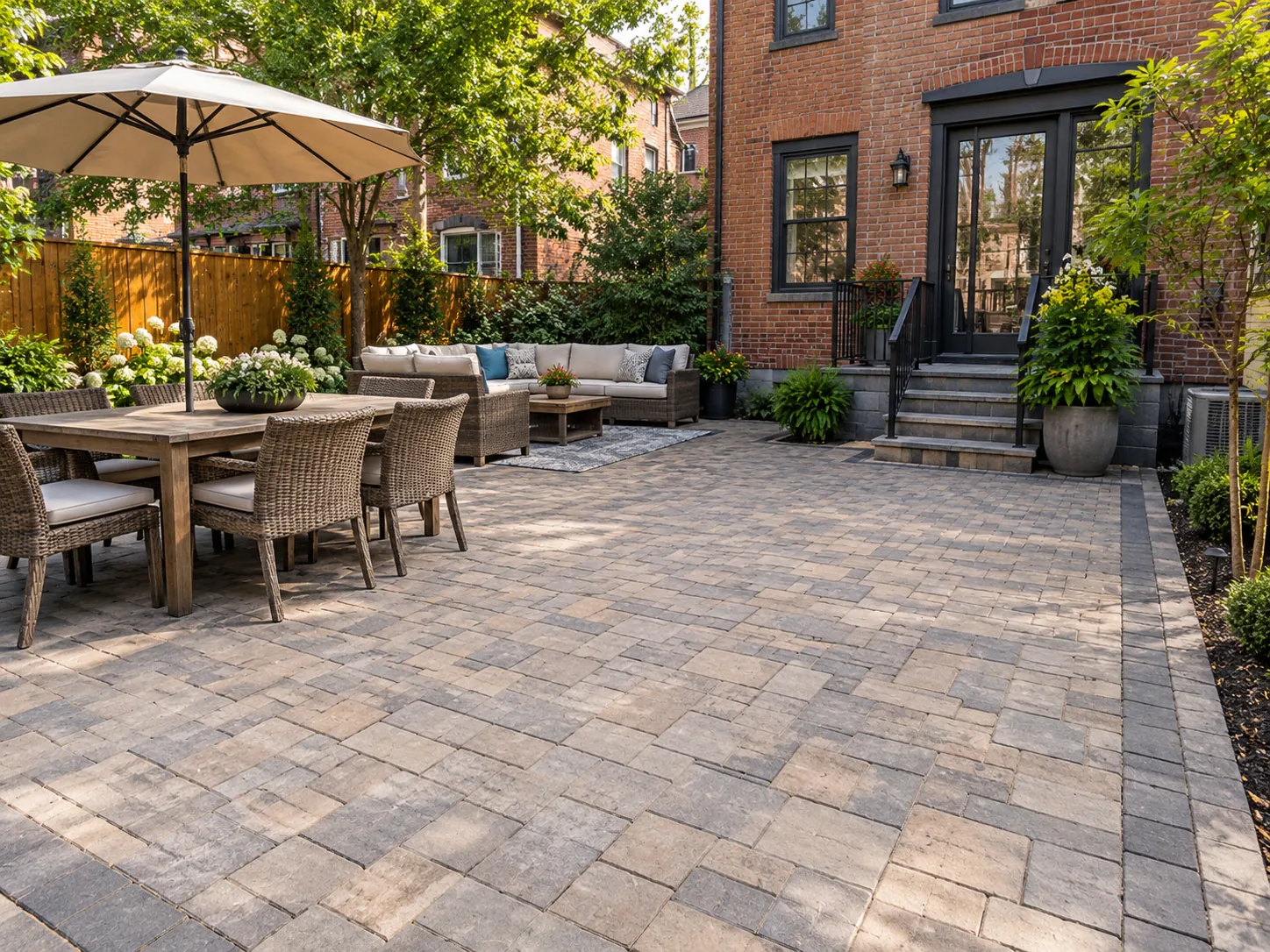 Completed stone paver patio with outdoor dining, lounge seating and planted garden beds behind an NYC brick home.