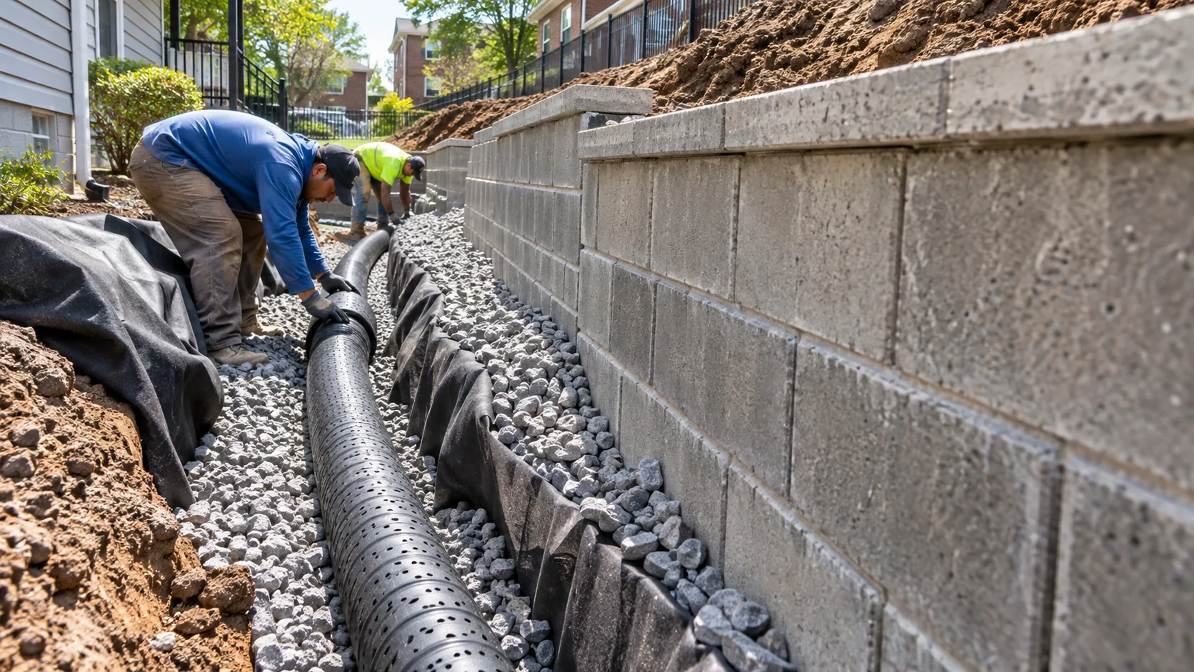 Two workers installing a perforated drainage pipe with gravel and filter fabric behind a concrete block retaining wall.