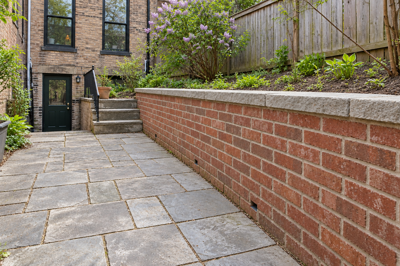 Restored red brick retaining wall with finished stone coping beside a residential garden and walkway.