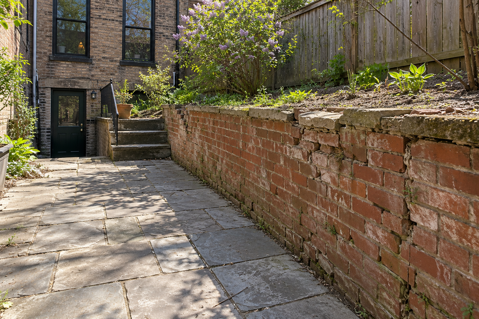 Deteriorated brick retaining wall with damaged masonry beside garden steps and a residential walkway.