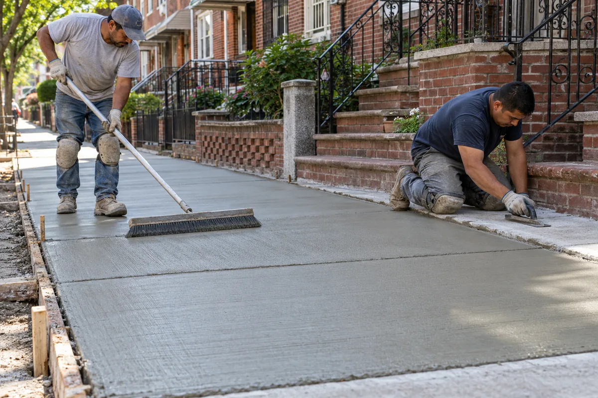 Concrete workers finishing a new sidewalk on a Queens residential street.