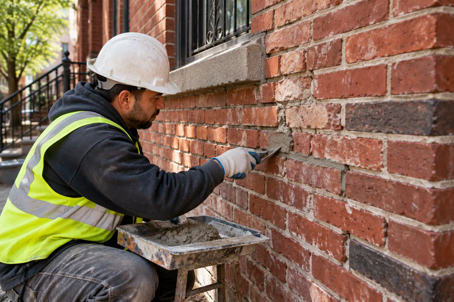 SEO-Friendly Alt Text: Brick Repair NYC contractor repointing mortar joints on a damaged red brick wall outside a residential property.