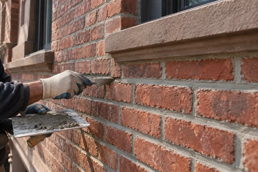 Brick repointing contractor repairing deteriorated mortar joints on exterior brickwork