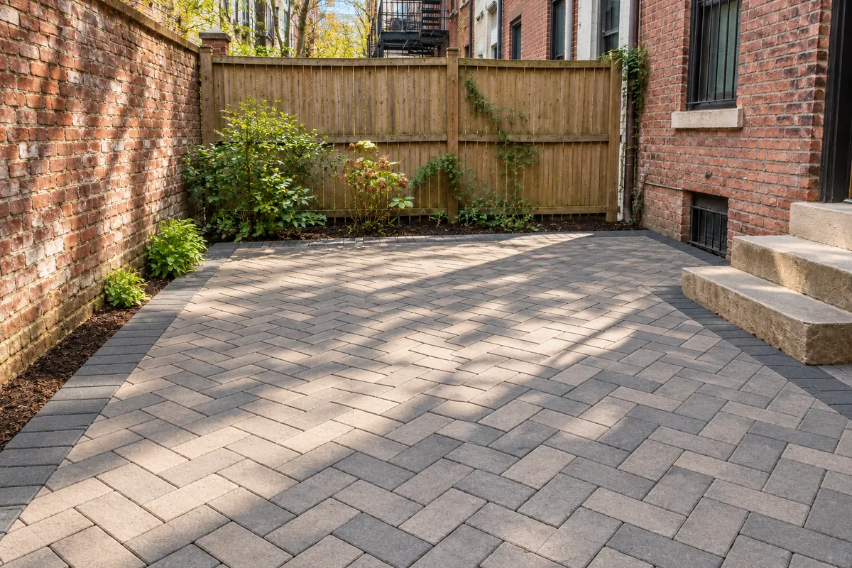 Newly installed gray interlocking paver patio replacing an old brick surface in an NYC backyard.