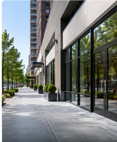 Concrete sidewalk and pedestrian entrance outside a commercial building in Brooklyn, New York.