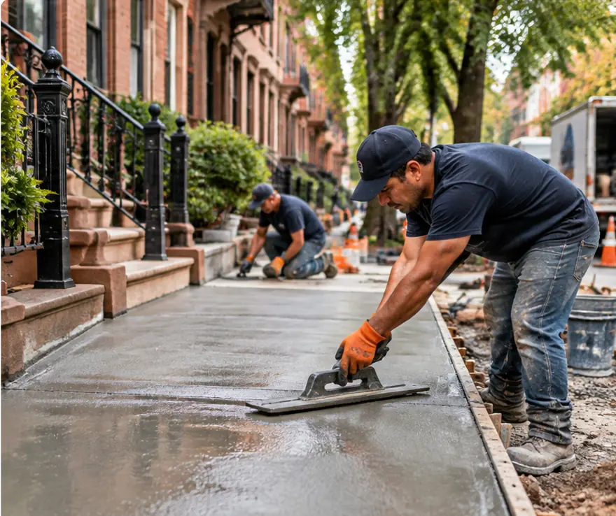 Concrete workers finishing a newly poured sidewalk beside Brooklyn brownstone buildings.