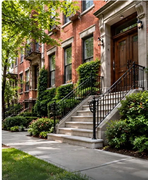 Concrete stoop and entrance steps outside a Brooklyn brownstone residential property.
