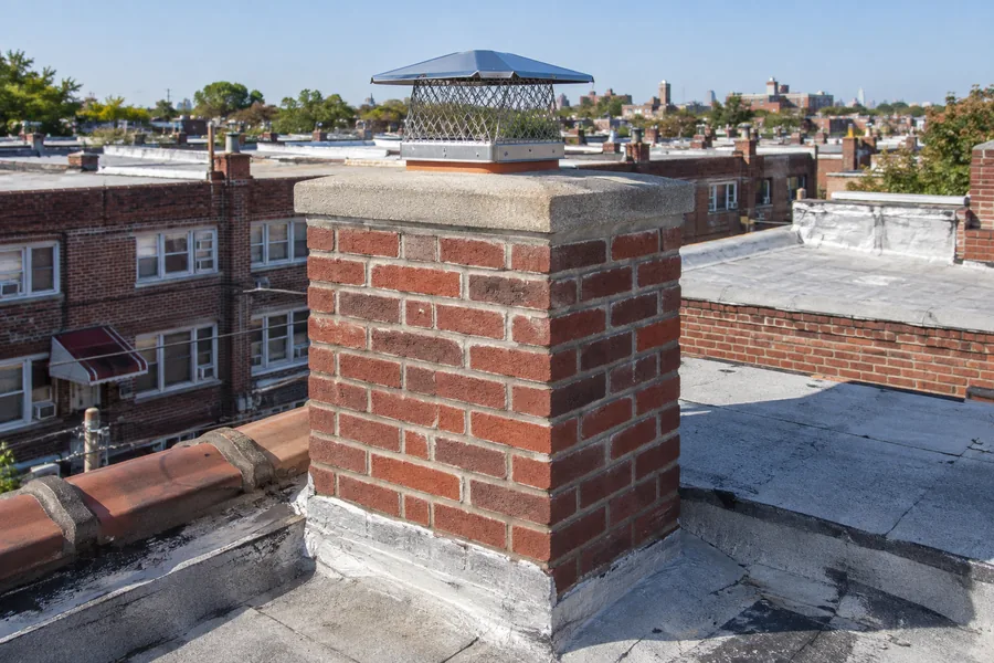 Chimney repointing contractor repairing deteriorated mortar joints on NYC brickwork