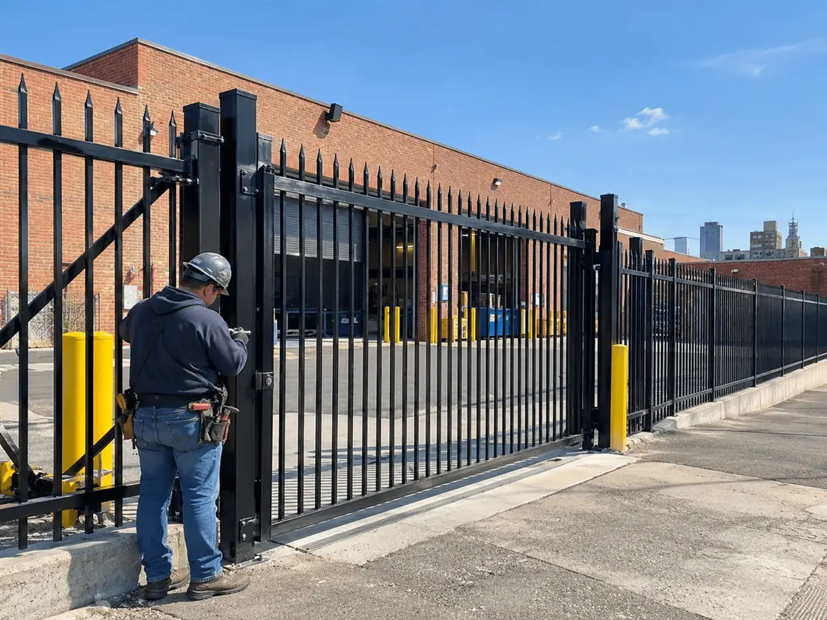 Contractor working on a black metal security gate at a commercial warehouse entrance.