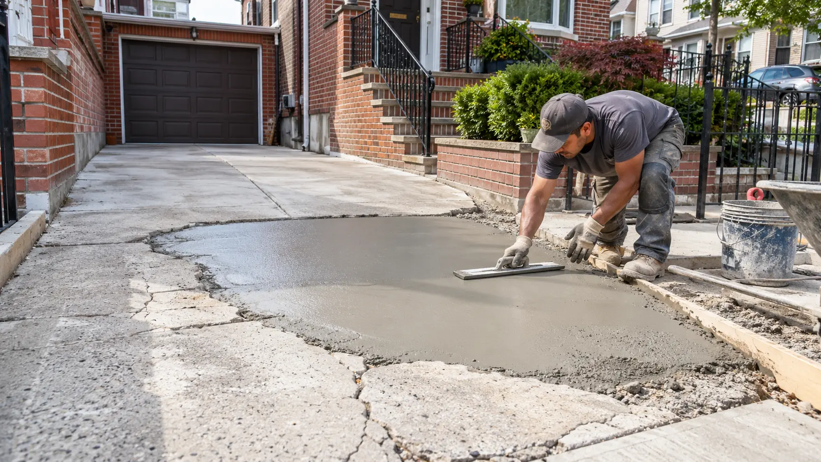 Concrete driveway repair contractor restoring damaged concrete at an NYC residential property