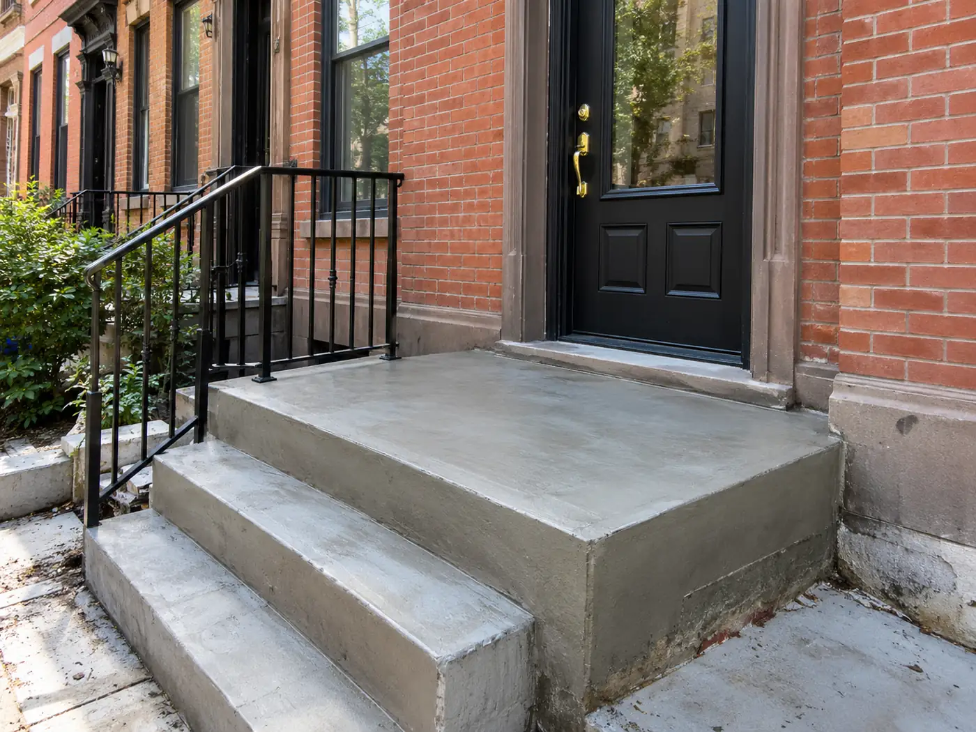 New concrete entrance landing built outside a brick NYC residential property