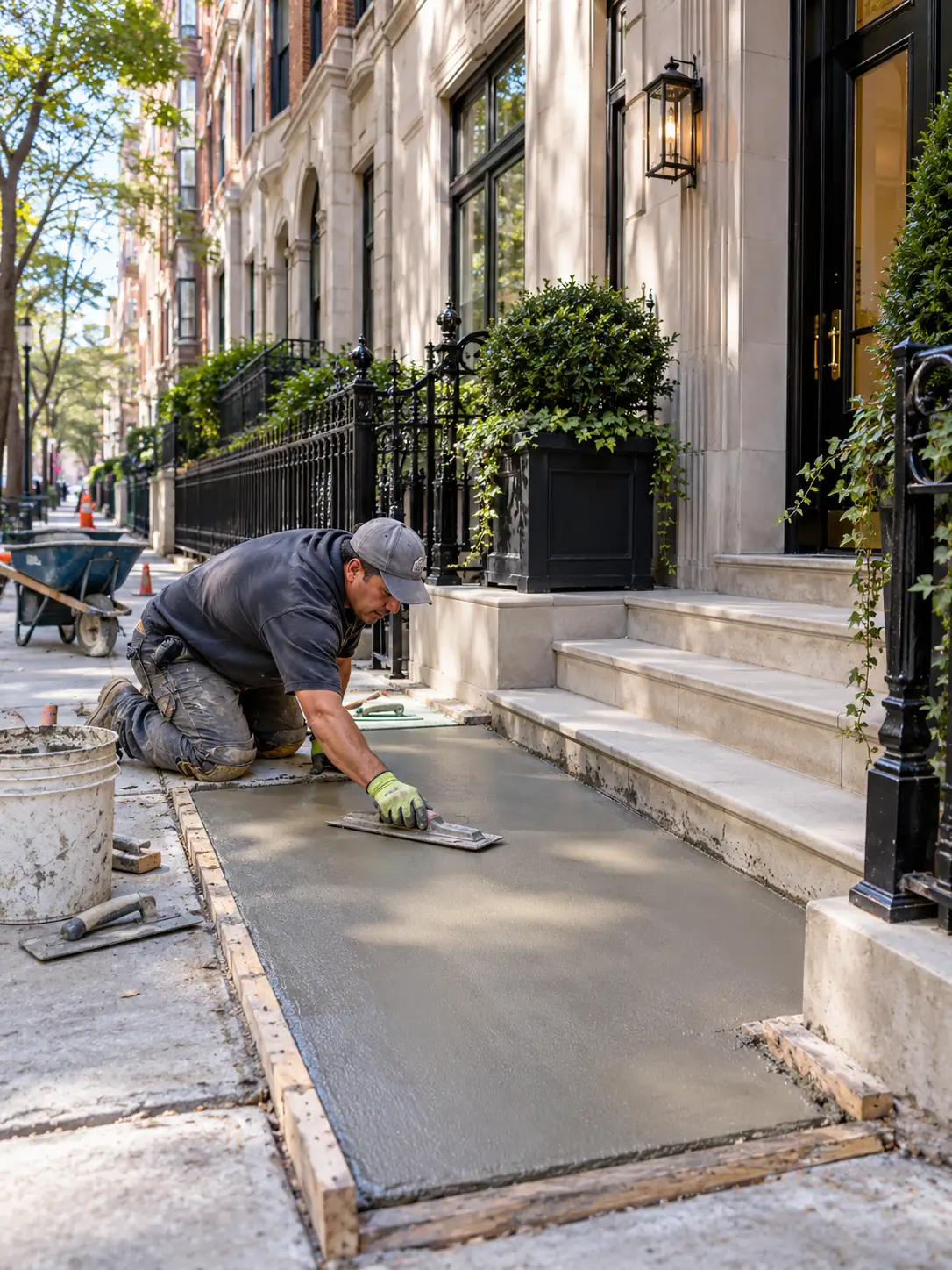Contractor smoothing freshly poured concrete beside the limestone steps and black iron railings of an Upper East Side-style townhouse.