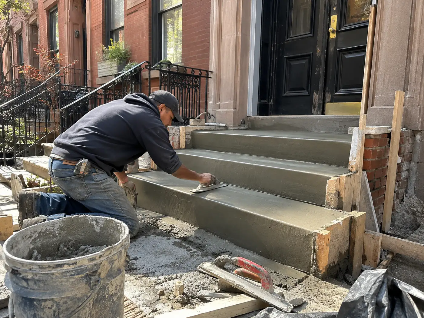 Contractor finishing newly constructed concrete exterior steps at an NYC brownstone property