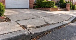 Cracked and sunken concrete driveway apron at the sidewalk and curb outside a residential property in NYC.