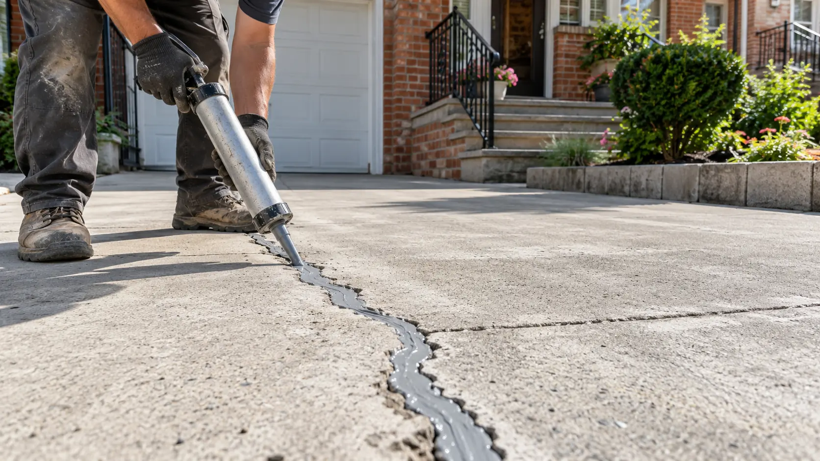 Driveway crack repair contractor filling a damaged concrete crack at an NYC home