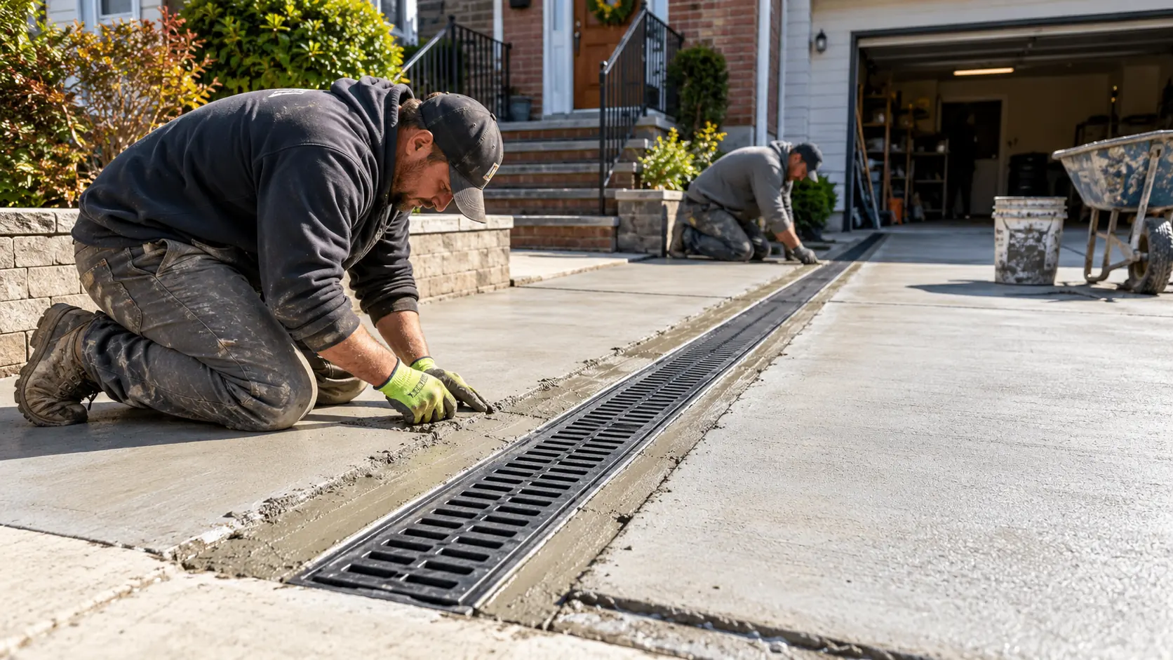 Driveway drainage repair with channel drain installation at an NYC residential property