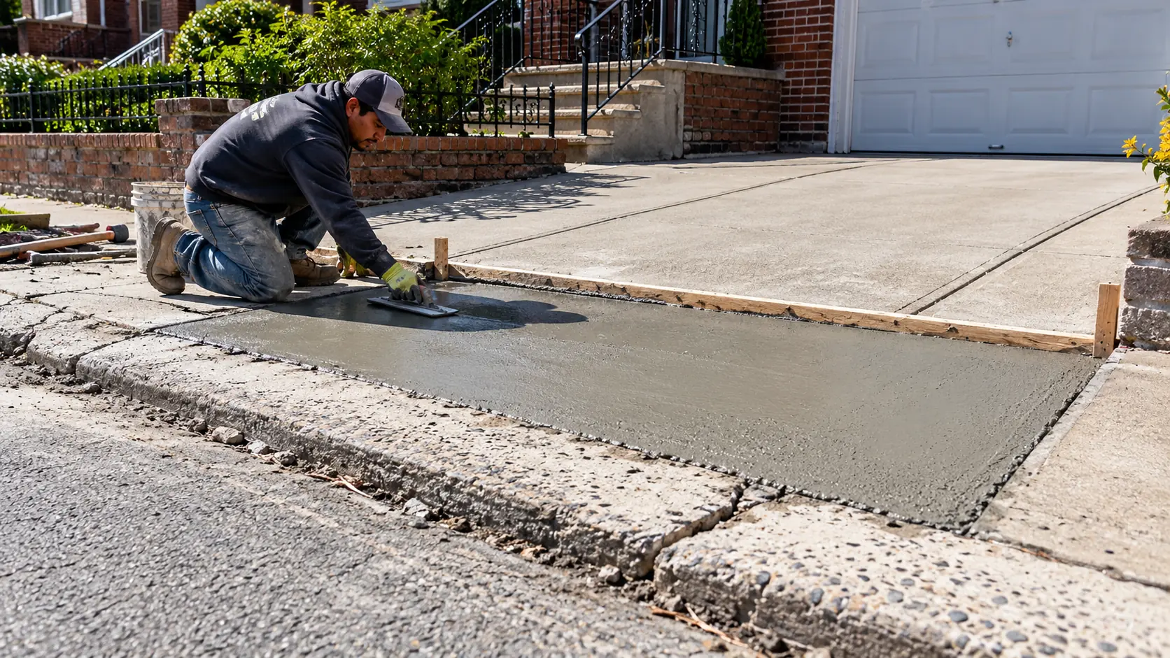 Driveway apron and edge repair with fresh concrete at an NYC residential entrance
