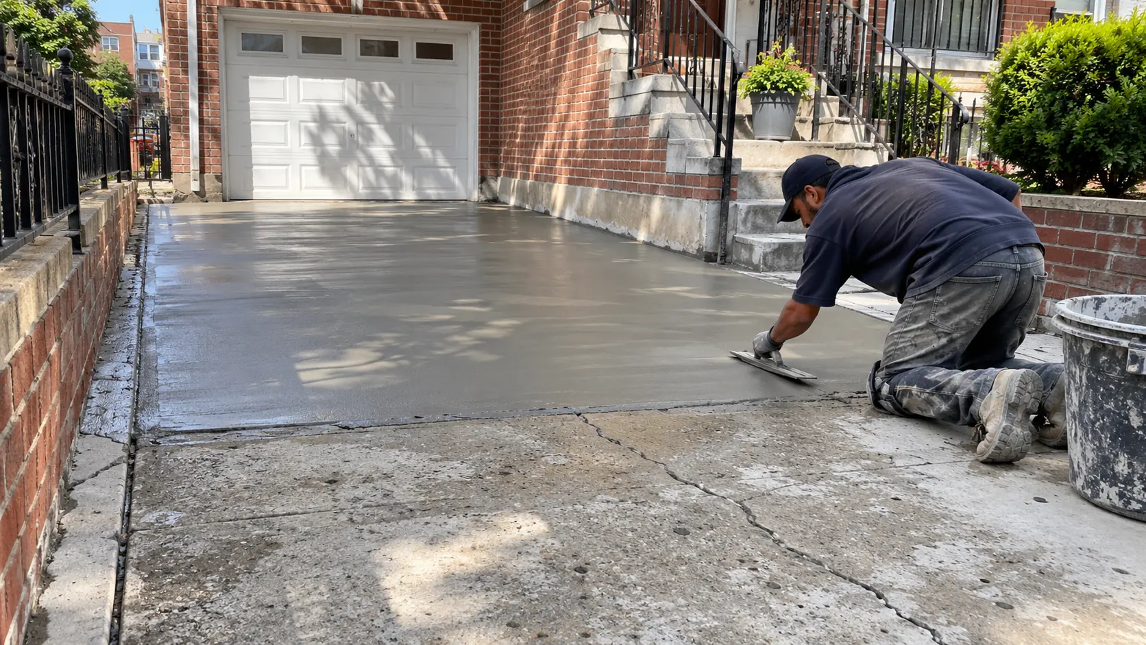 Driveway resurfacing contractor applying a new concrete surface at an NYC property