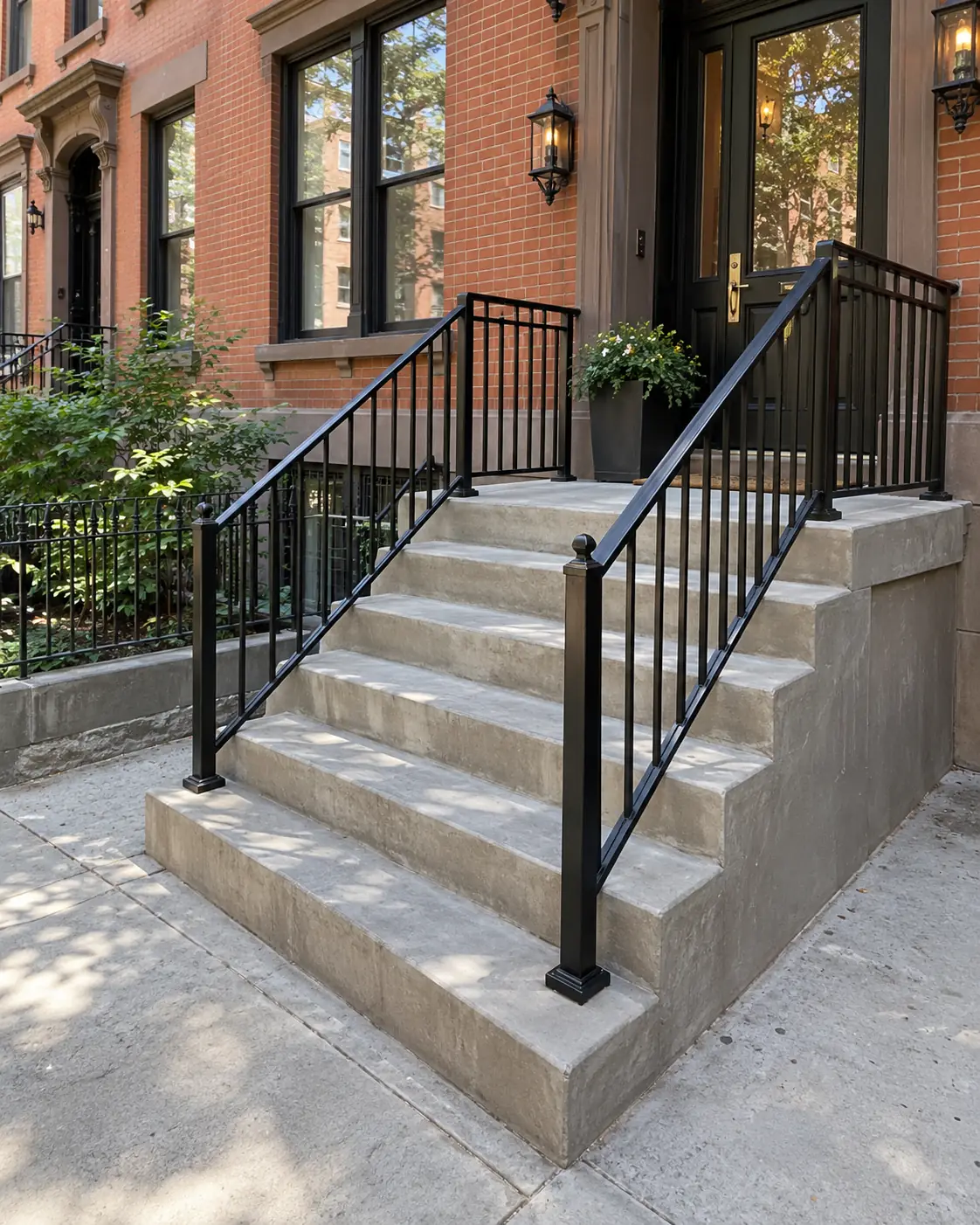 New concrete exterior steps and landing with black railings at an NYC brownstone property