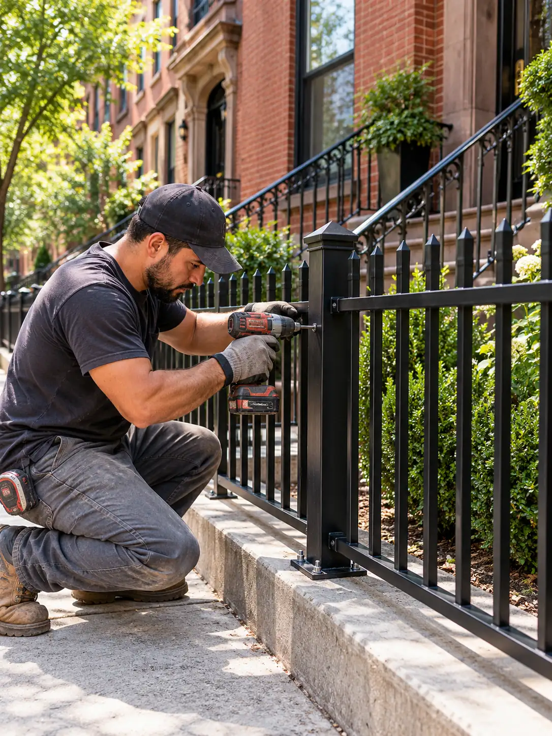 Contractor installing a black metal fence outside an NYC residential property in bright daylight.