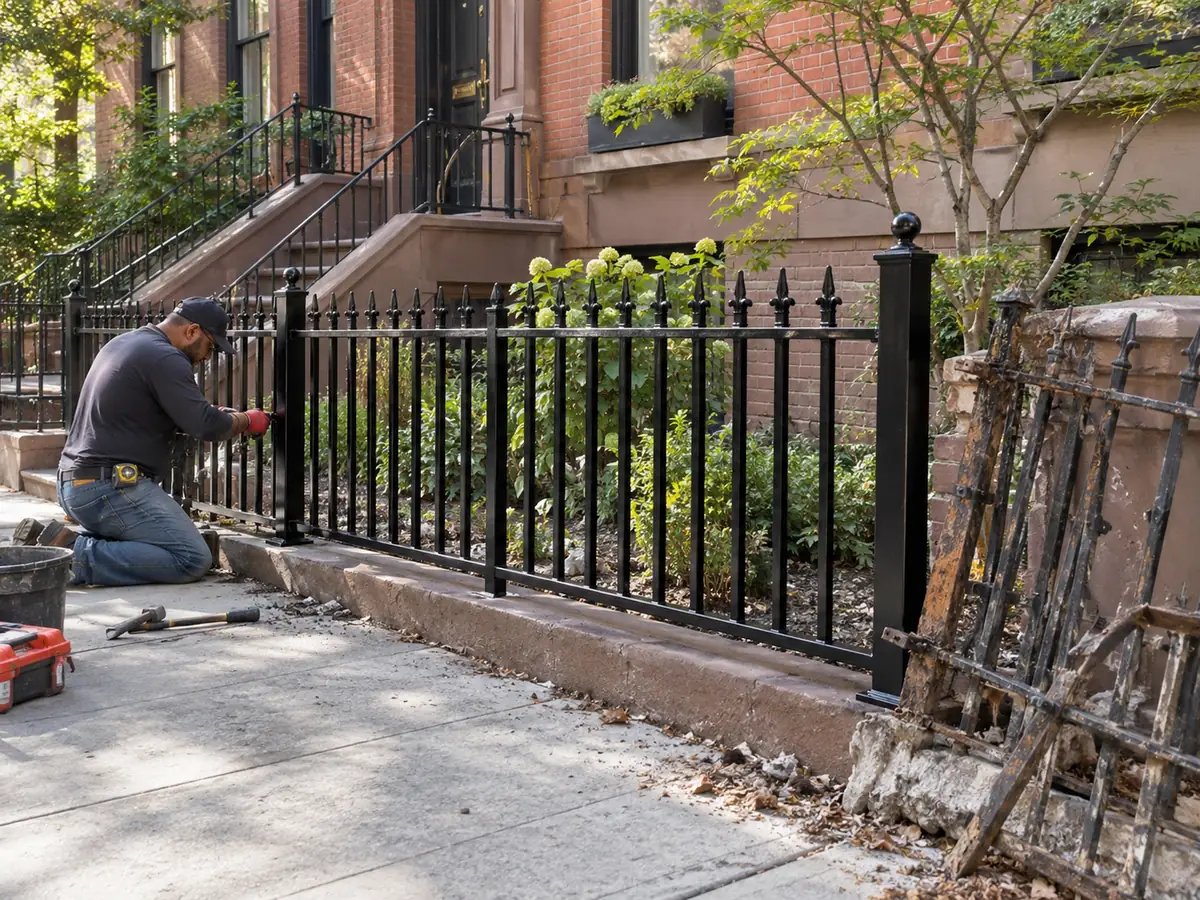 Contractor installing new black iron fencing beside removed, damaged fence sections at a townhouse.