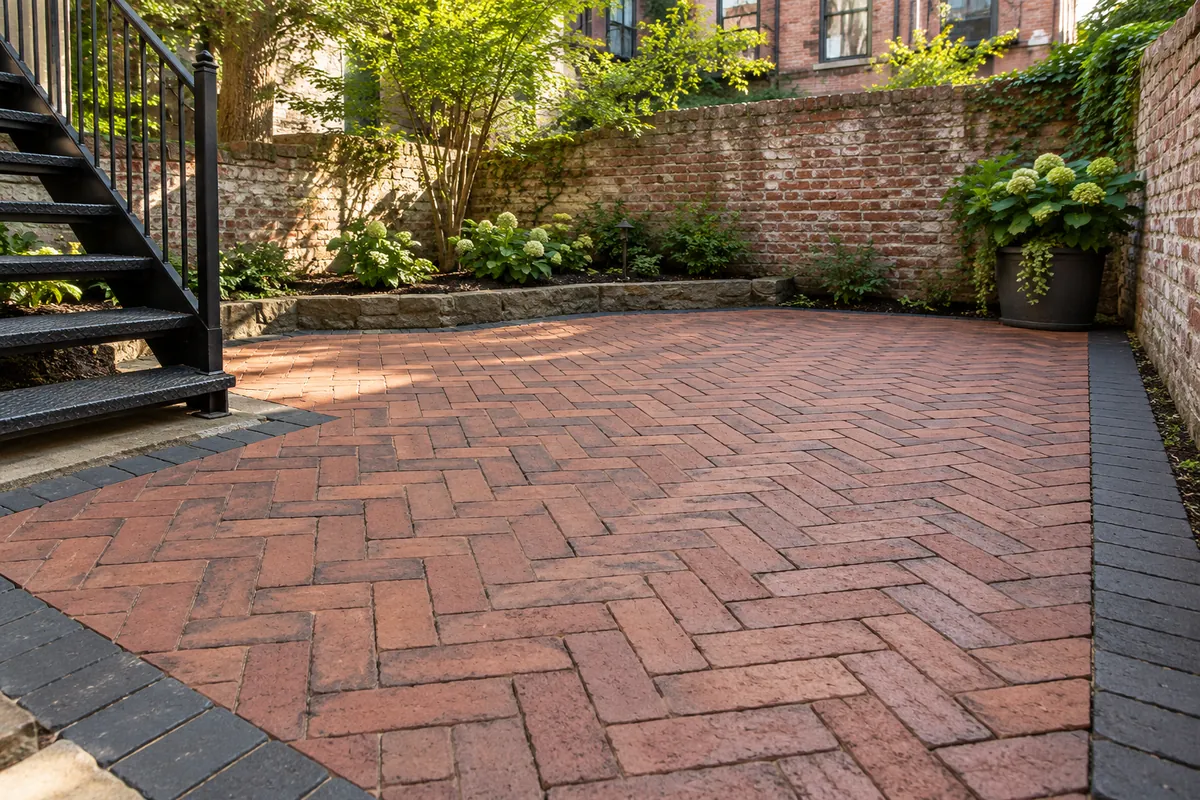 Gray herringbone paver patio in an NYC-style residential backyard with brick surroundings.