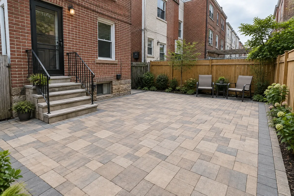 Finished modular gray paver patio in a residential courtyard with outdoor landscaping.