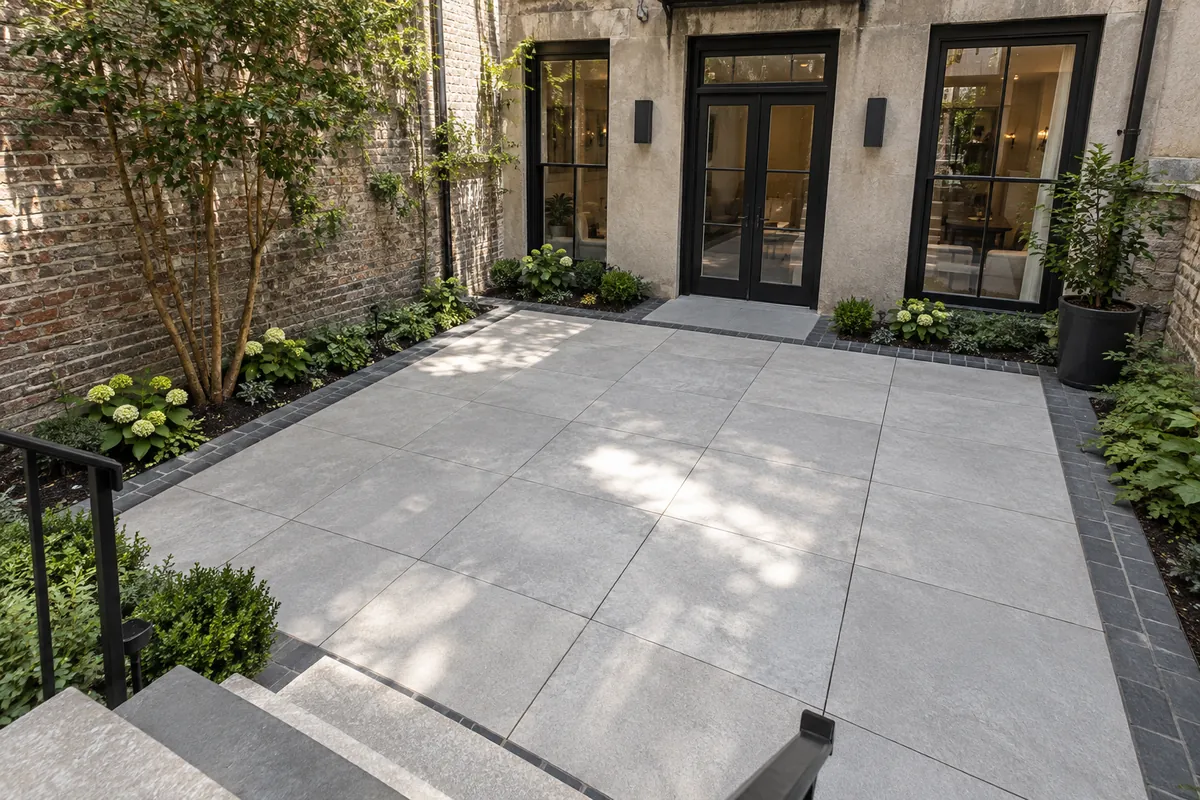 Stone paver courtyard surrounded by brick buildings in a New York City-style property.