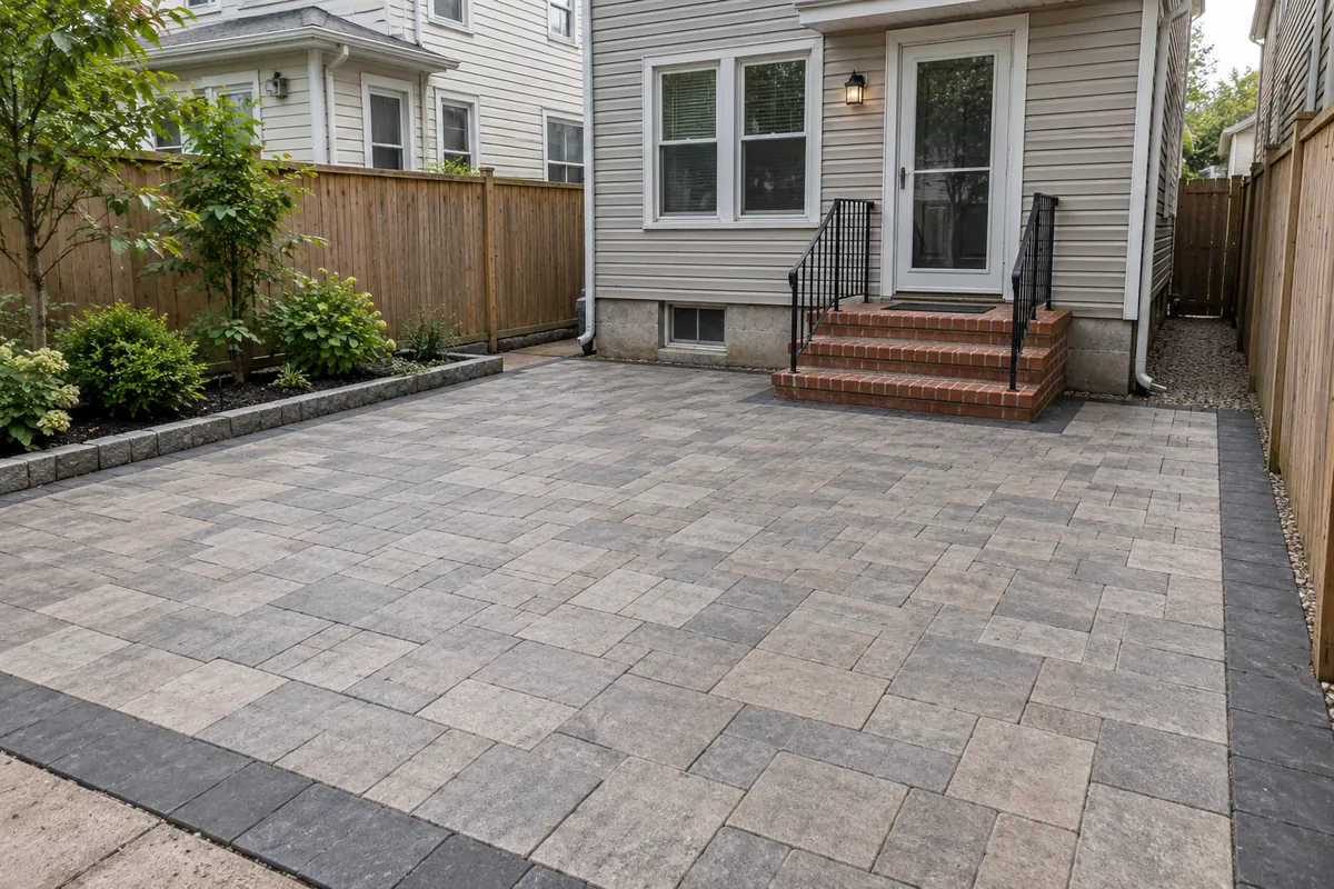 Finished backyard paver patio with outdoor seating at a Staten Island-style home.