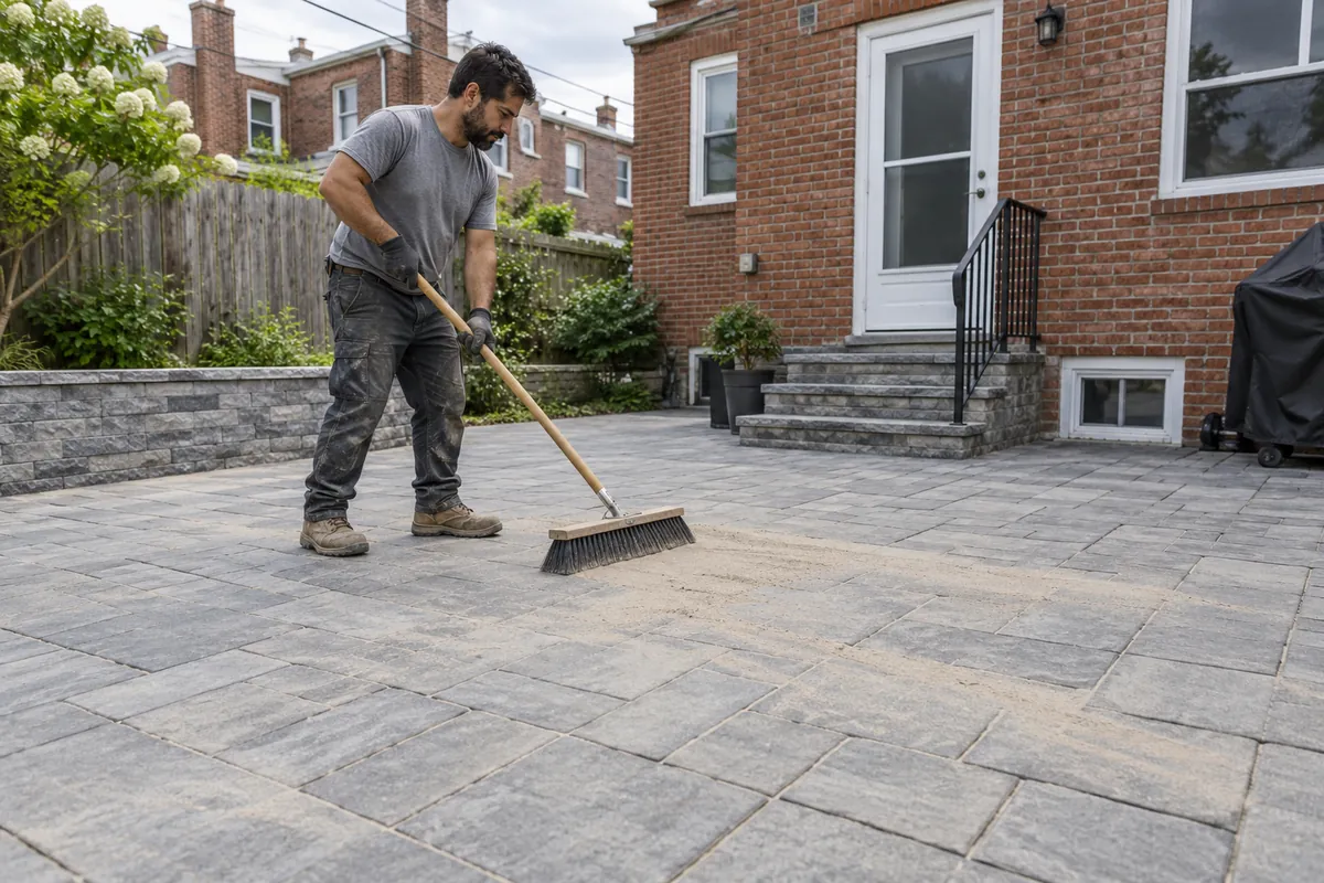 Patio installer laying concrete pavers in a residential backyard courtyard.