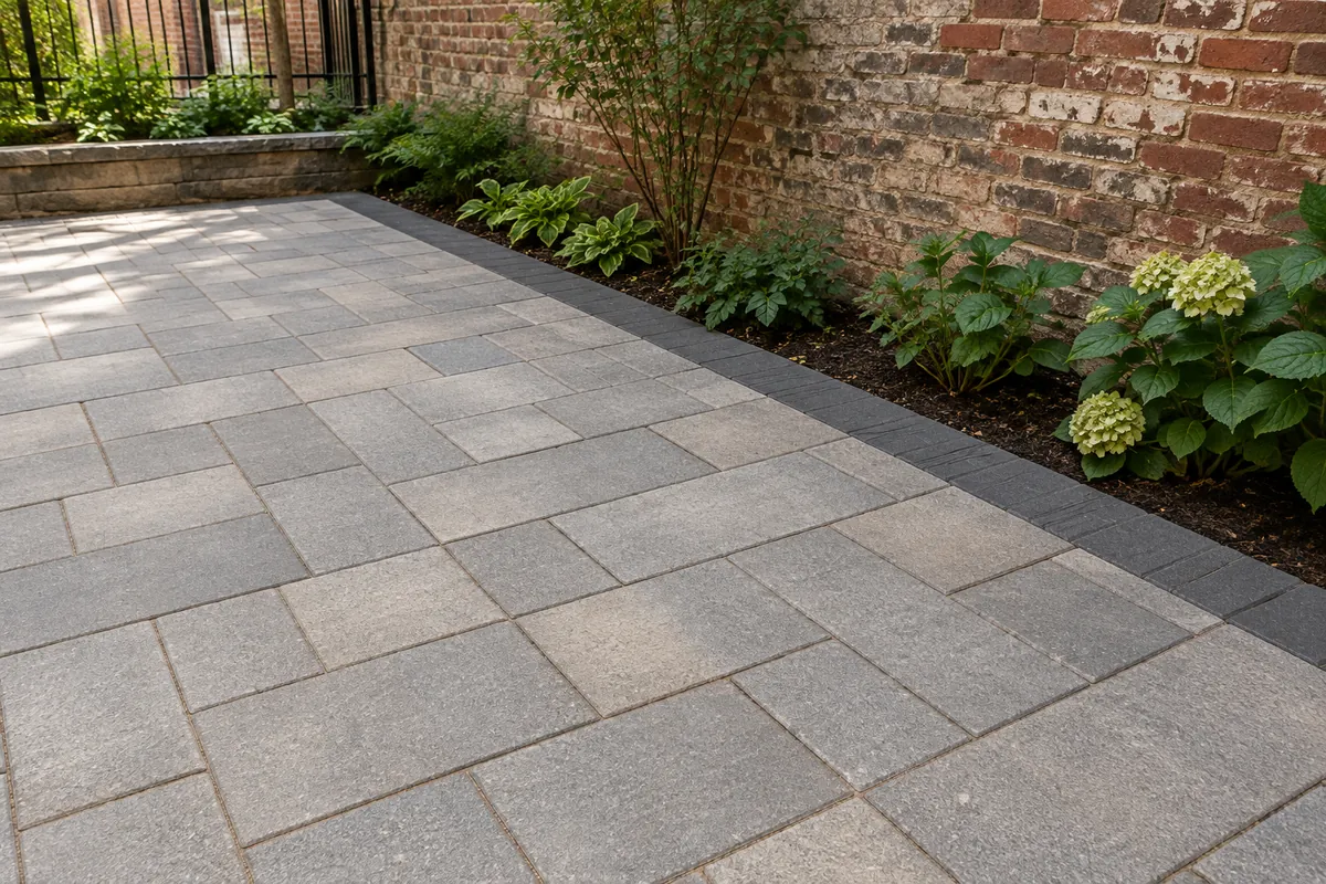 Close-up of decorative paver patio edging and contrasting stone border detail.
