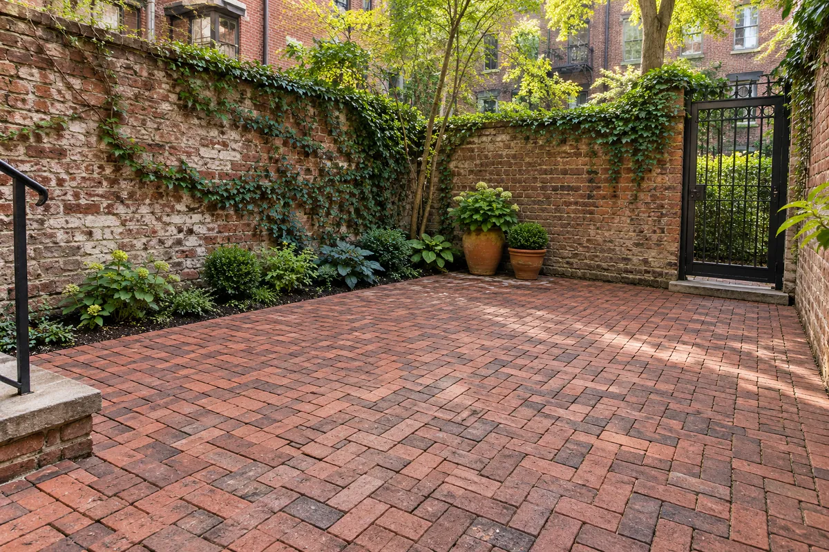Brick-style paver patio with outdoor seating in a compact urban courtyard.