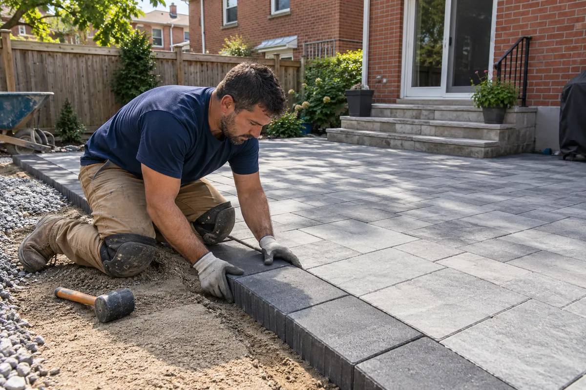 Contractor setting patio pavers over a prepared base in a residential backyard.