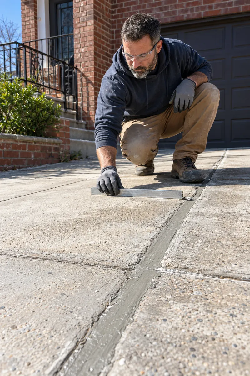 Contractor repairing damaged concrete joints on a residential driveway in NYC