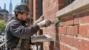 Loose Mortar Repair NYC contractor repointing deteriorated mortar joints on a red brick building wall.
