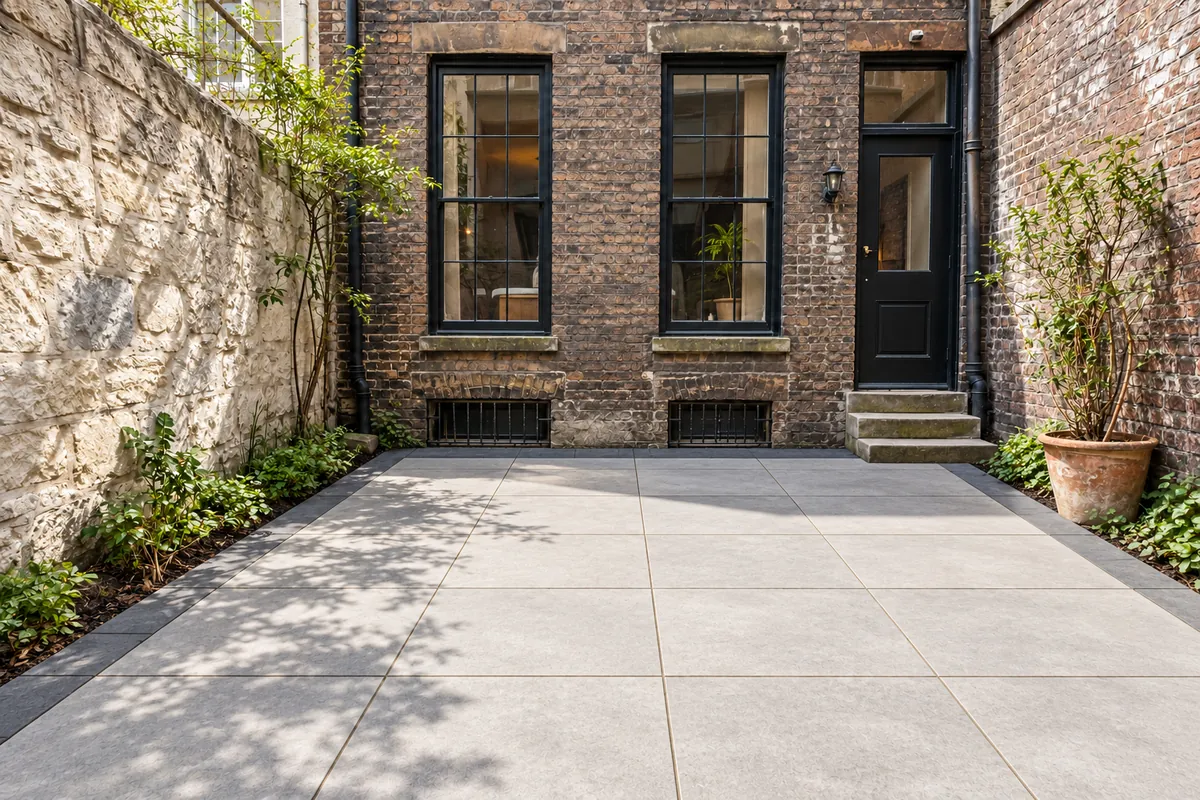 Renovated backyard patio with large-format gray paving slabs outside a New York City brick home.