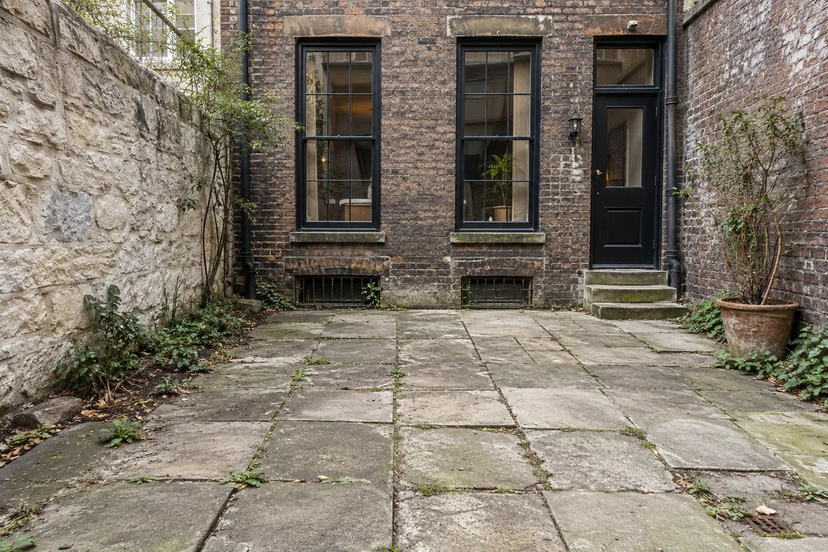 Worn concrete patio slabs with cracks and weeds in an NYC residential backyard.