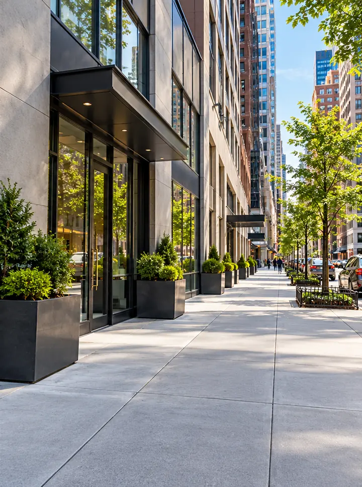 Smooth concrete sidewalk and modern commercial building entrance with glass storefronts in Manhattan, New York City.