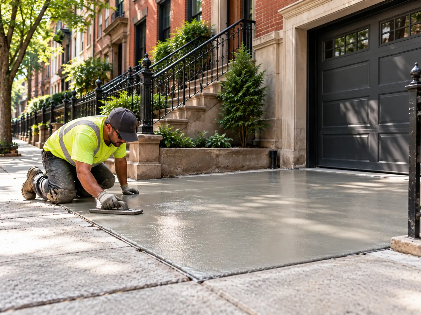 New concrete driveway installation and finishing at a Manhattan townhouse entrance
