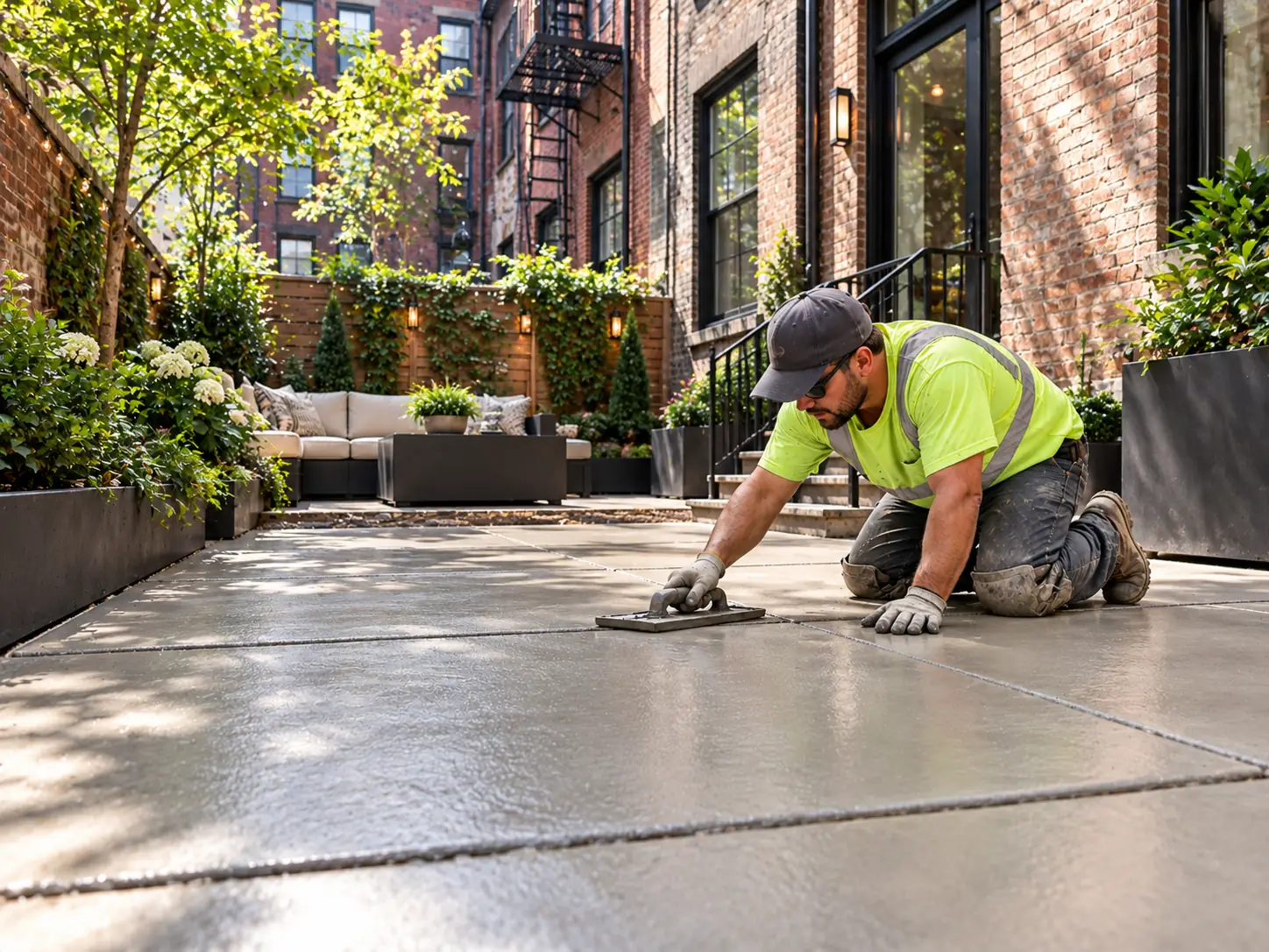 Concrete patio installation and finishing in a Manhattan residential outdoor space