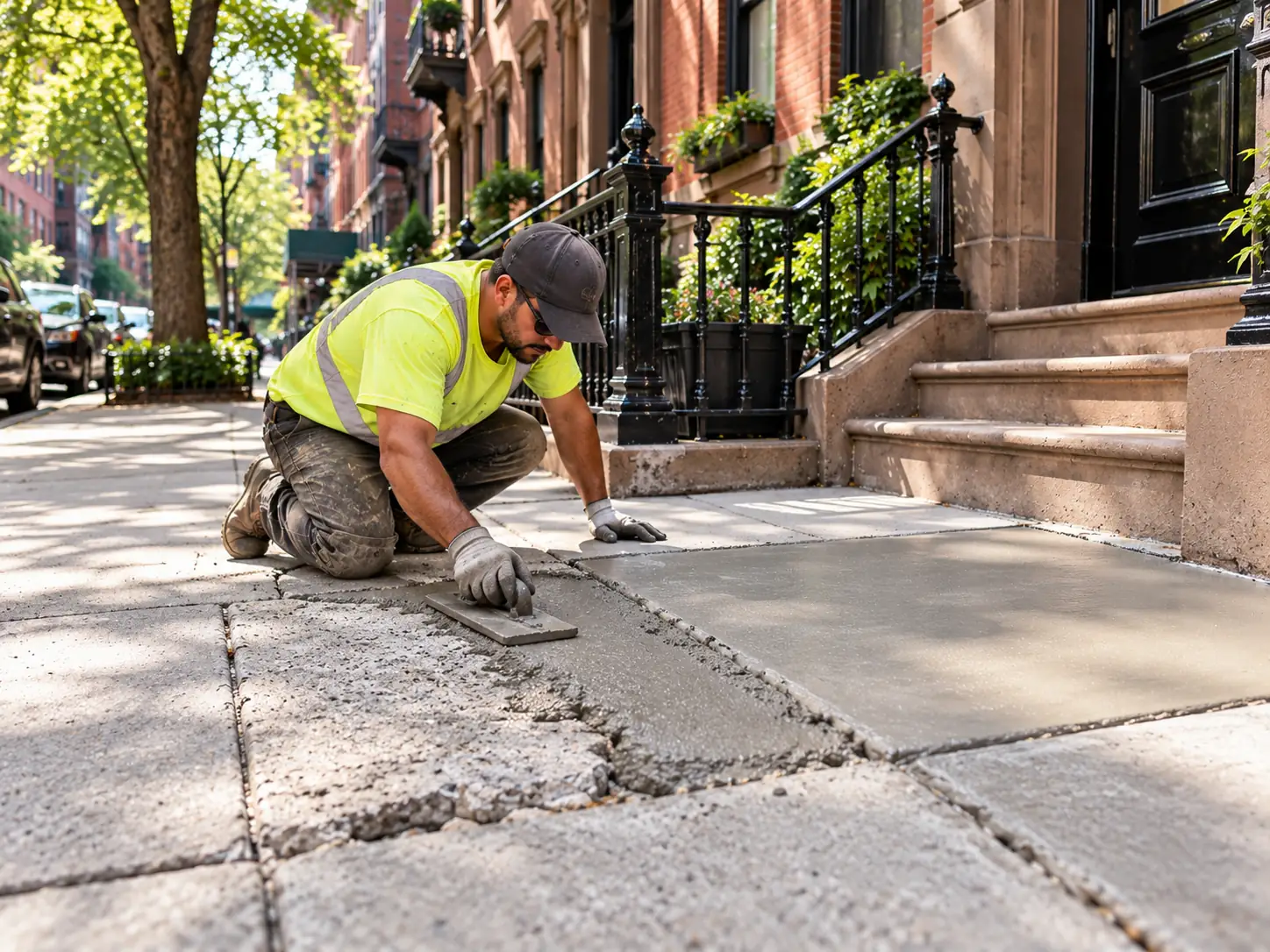 Concrete repair and resurfacing work on a Manhattan brownstone sidewalk