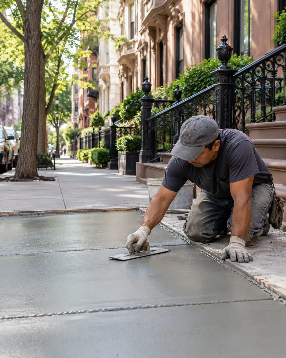 Concrete contractor finishing a freshly poured sidewalk outside brownstone buildings in Manhattan, NYC.