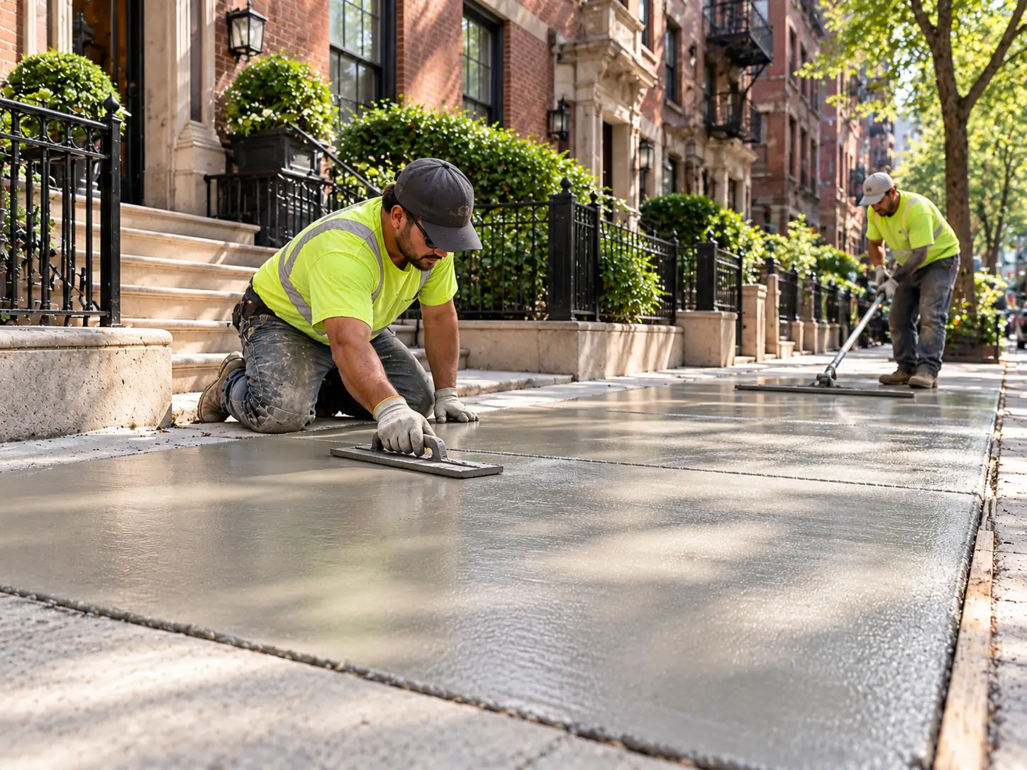 Professional concrete slab and flatwork installation on a Manhattan residential sidewalk