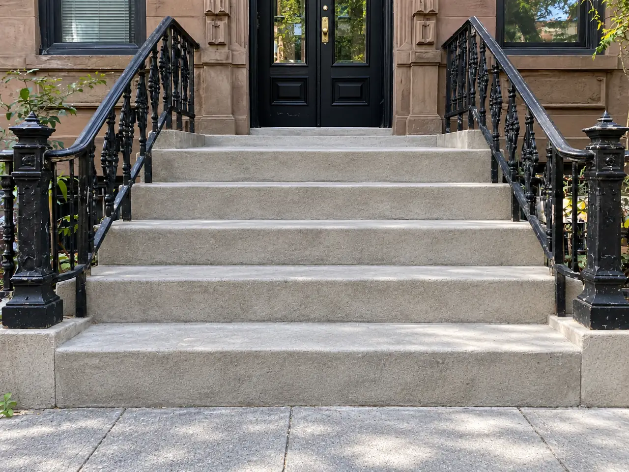 Smooth restored concrete steps at a Manhattan brownstone entrance after repair and resurfacing.