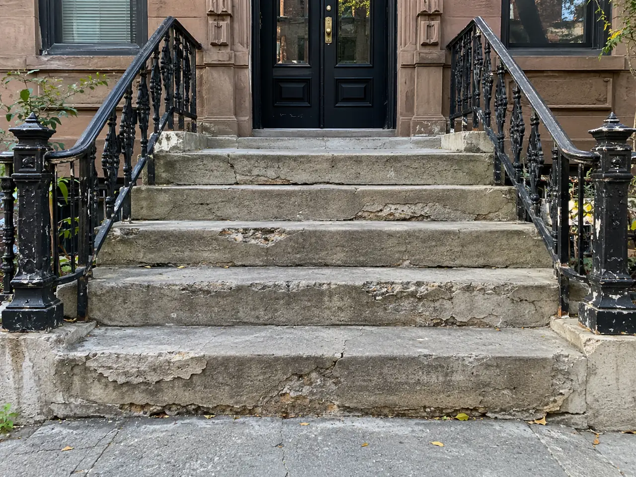 Cracked and chipped concrete stoop steps at a Manhattan brownstone entrance before restoration.