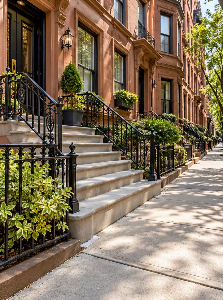 Restored concrete stoop, entrance steps, and sidewalk outside historic Manhattan brownstone townhouses with black iron railings.