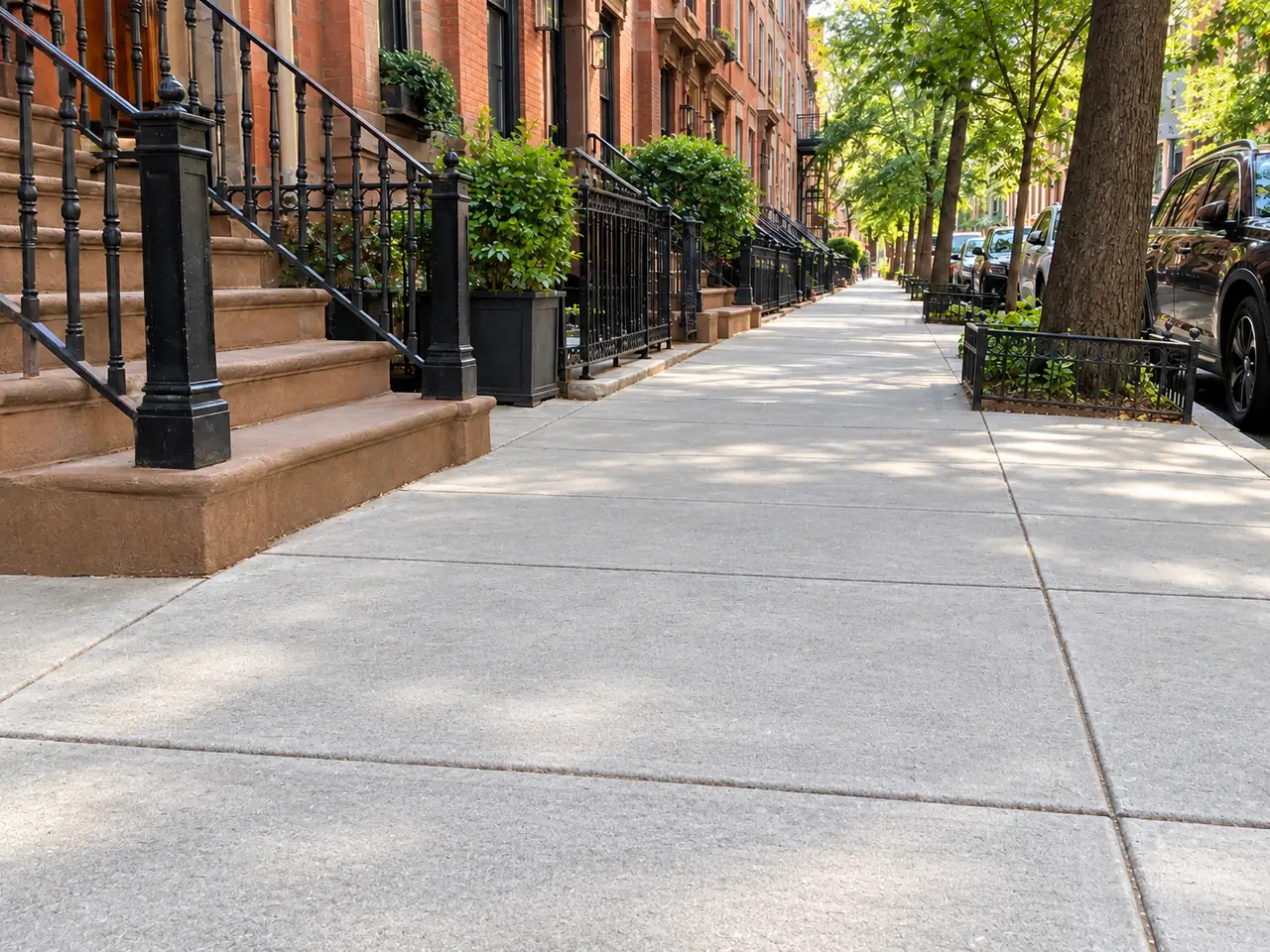 New, even concrete sidewalk panels outside Manhattan brownstone buildings after replacement.