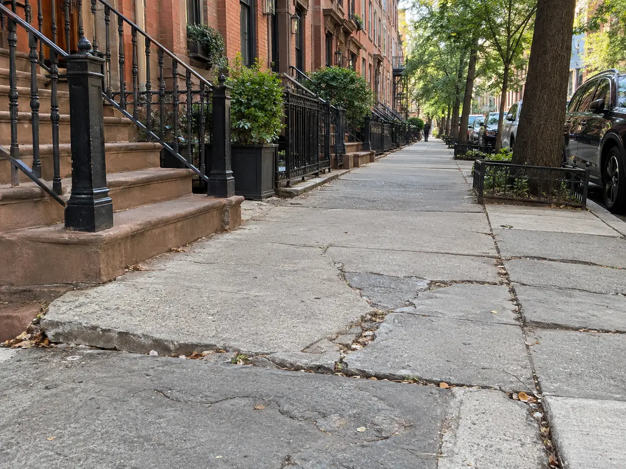 Cracked and uneven concrete sidewalk outside Manhattan brownstone buildings before replacement.