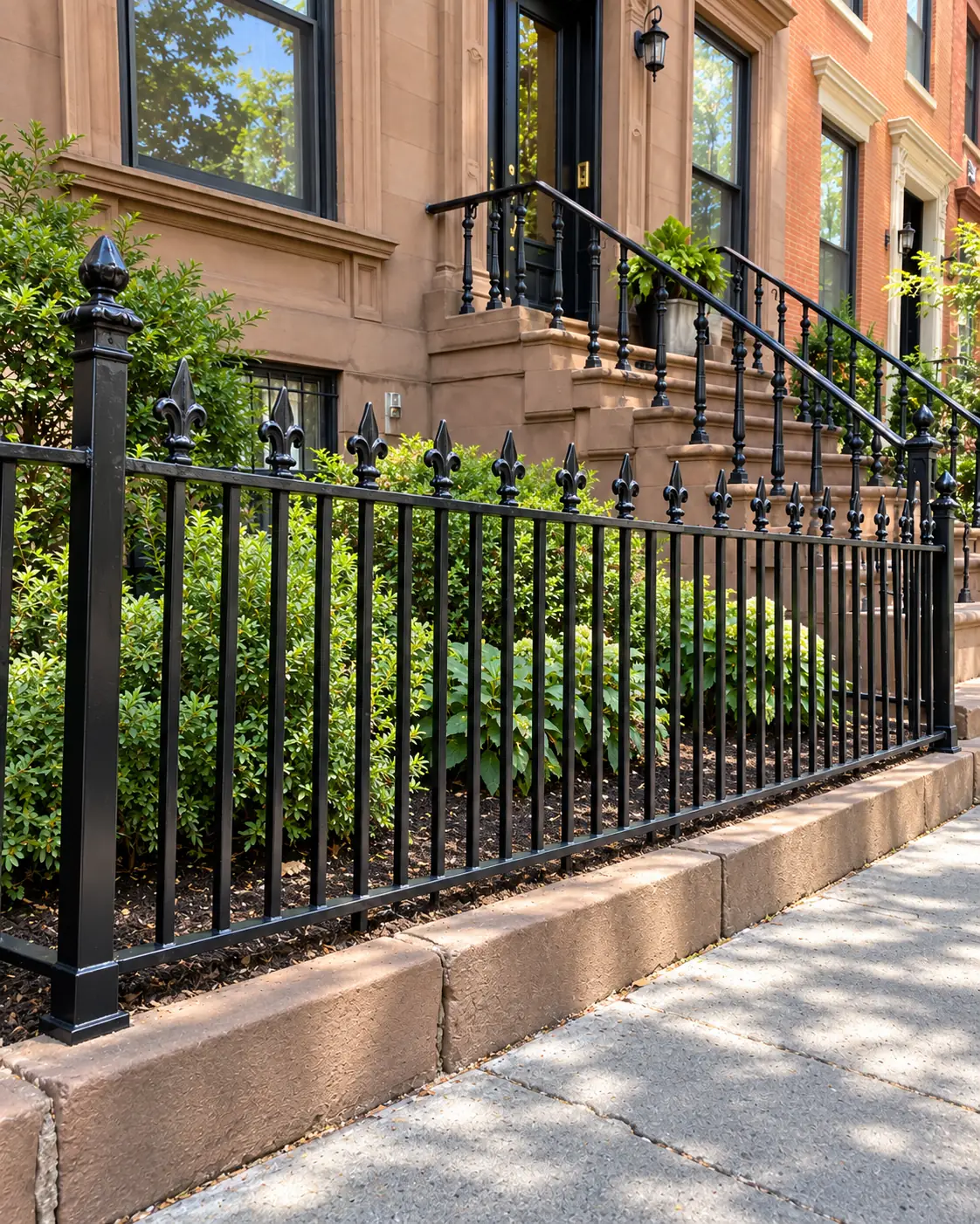 New straight black ornamental iron fence outside an NYC brownstone after replacement.
